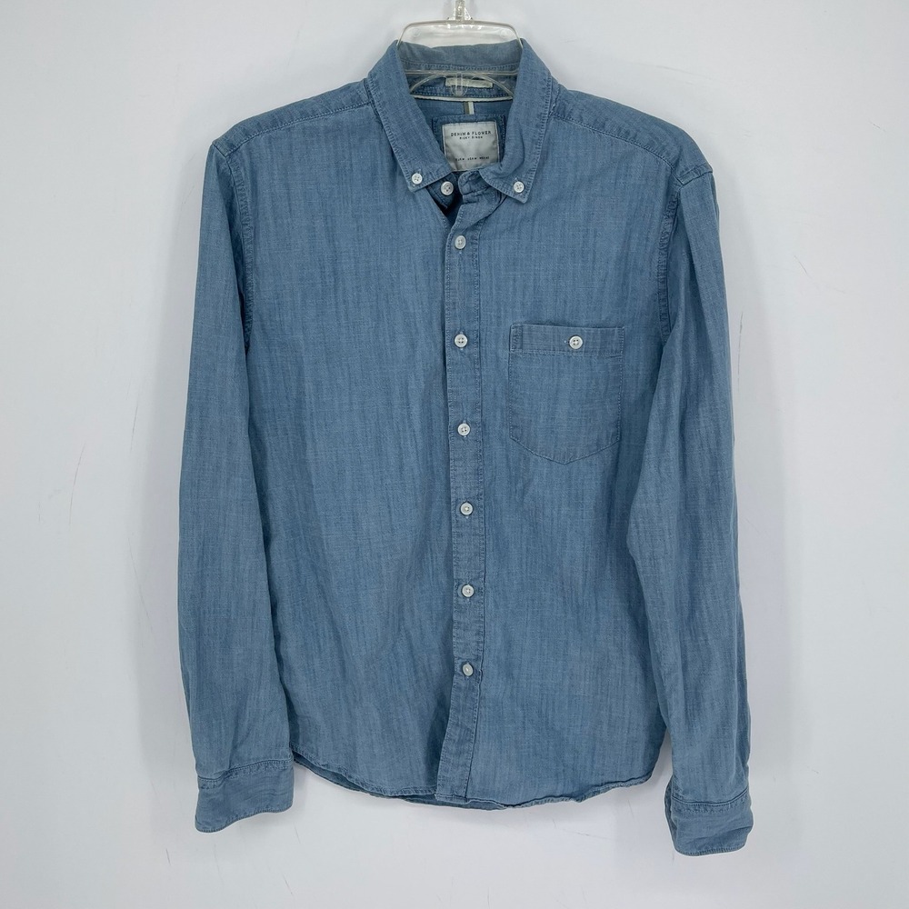 Denim & Flower Men's Blue Chambray Long Sleeve Pocket Button Front Shirt Size M